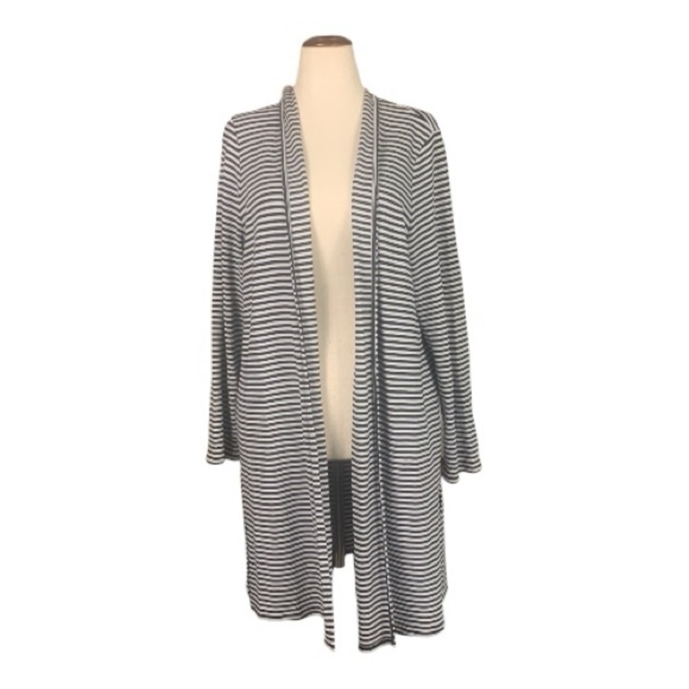 J Jill Beige Black Striped Open Front Long Sleeve Midi‎ Stretch Cardigan Size XL